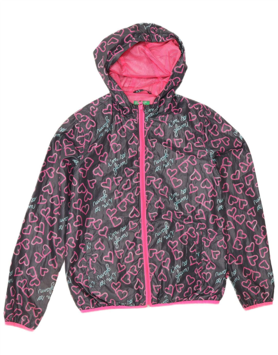 BENETTON Girls Graphic Hooded Rain Jacket 11-12 Years 2XL Grey Heart