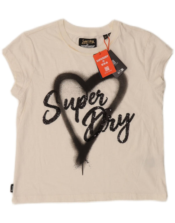 Superdry Womens Crop Graphic T-Shirt Top UK 12 Medium Off White Cotton
