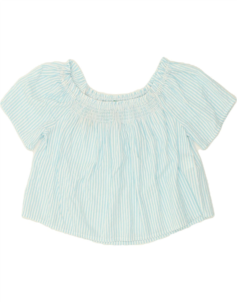 BENETTON Womens Crop Off Shoulder Top UK 14 Medium Blue Striped Cotton Vintage Benetton and Second-Hand Benetton from Messina Hembry 