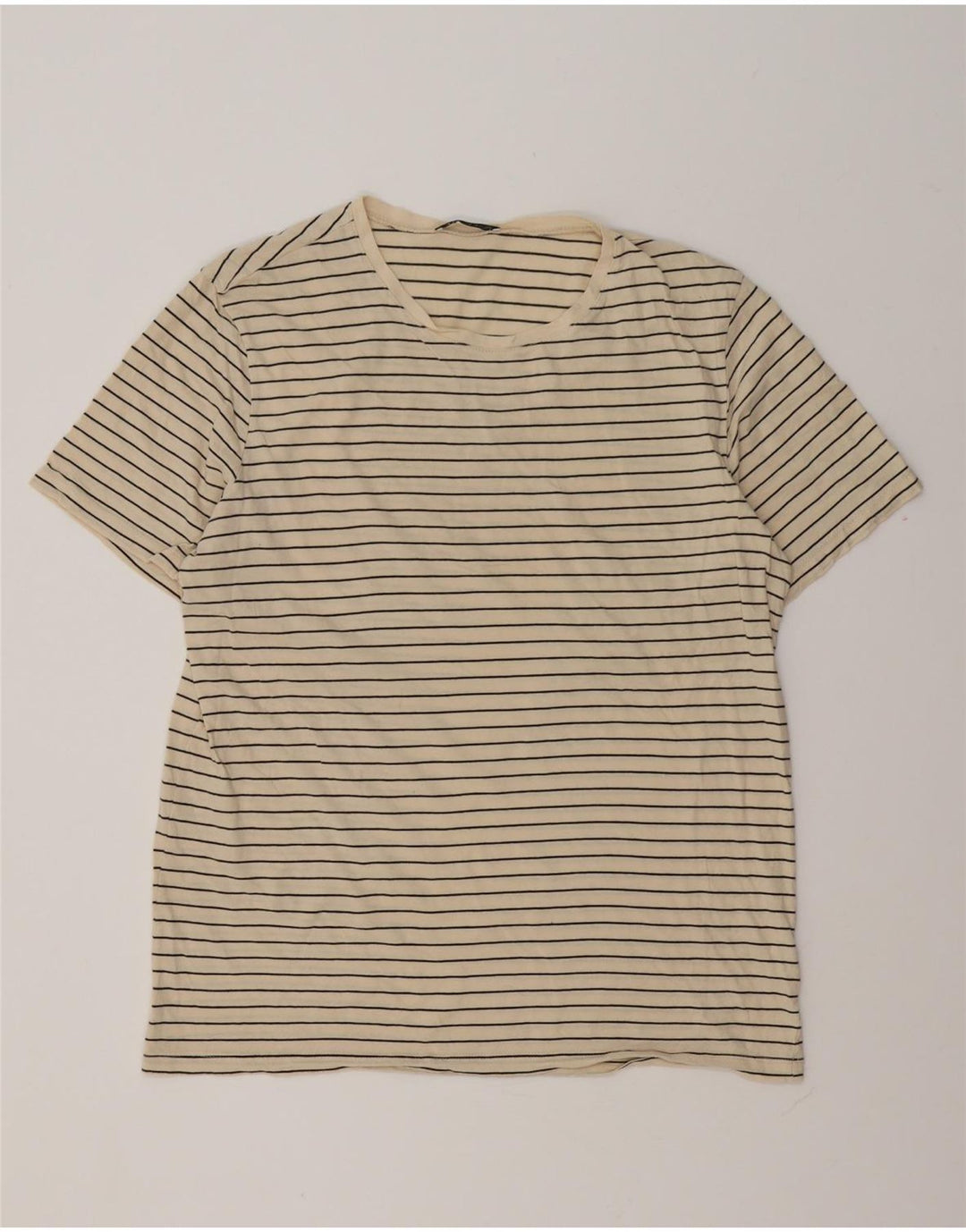 Zara Mens T-Shirt Top Large Beige Striped Cotton
