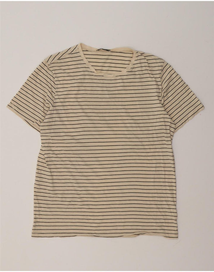 Zara Mens T-Shirt Top Large Beige Striped Cotton
