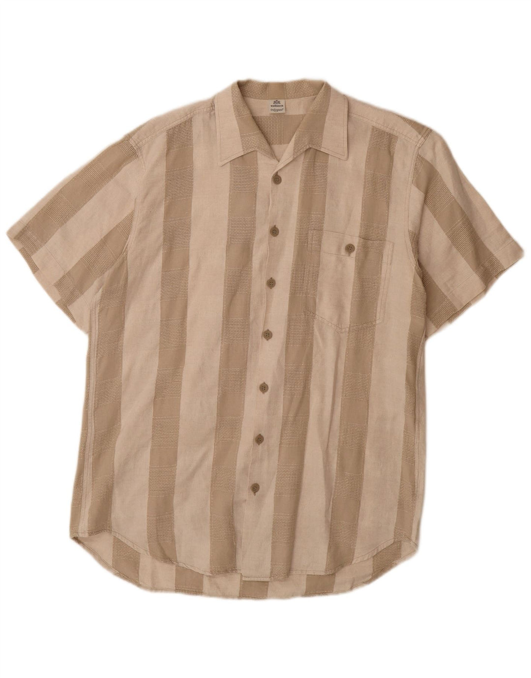 WALBUSCH Mens Short Sleeve Shirt Size 39/40 Medium Beige Striped Linen