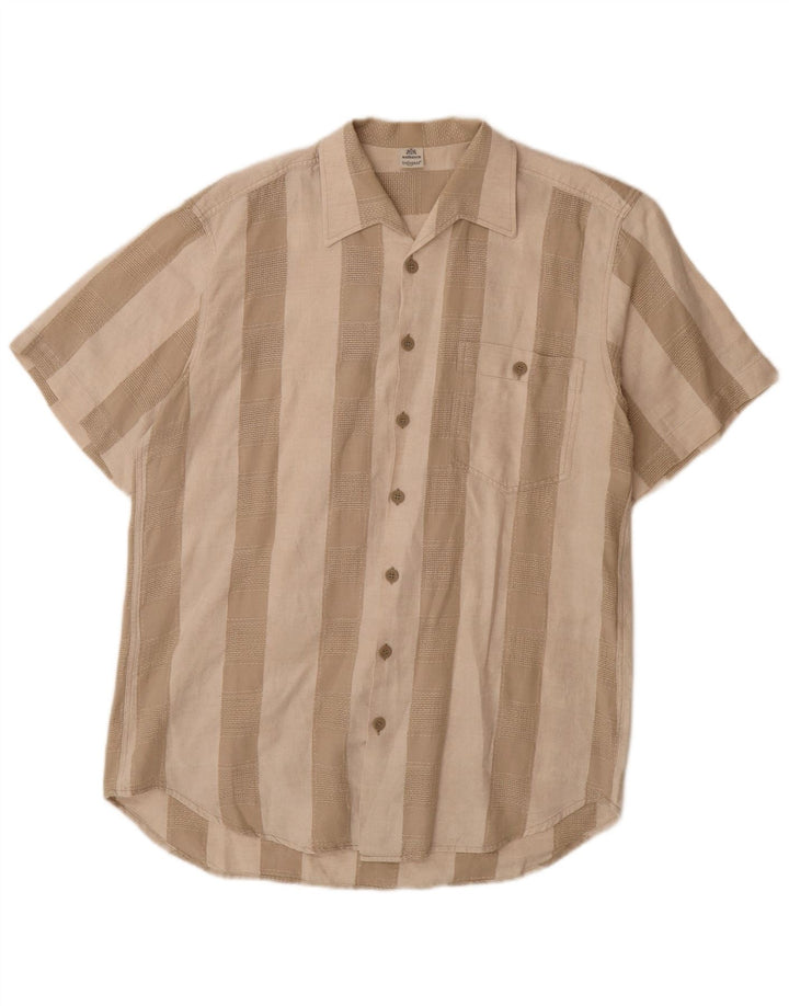 WALBUSCH Mens Short Sleeve Shirt Size 39/40 Medium Beige Striped Linen