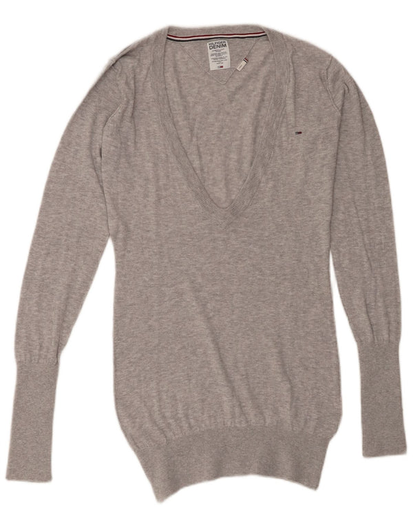 Tommy Hilfiger Womens V-Neck Jumper Sweater UK 16 Large Grey Flecked Cotton