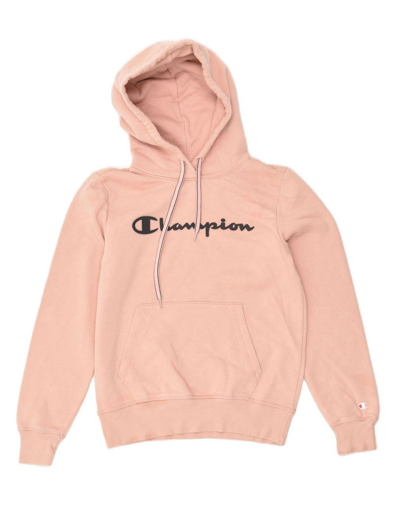 CHAMPION Womens Graphic Hoodie Jumper UK 10 Small Pink Cotton | Vintage Champion | Thrift | Second-Hand Champion | Used Clothing | Messina Hembry 