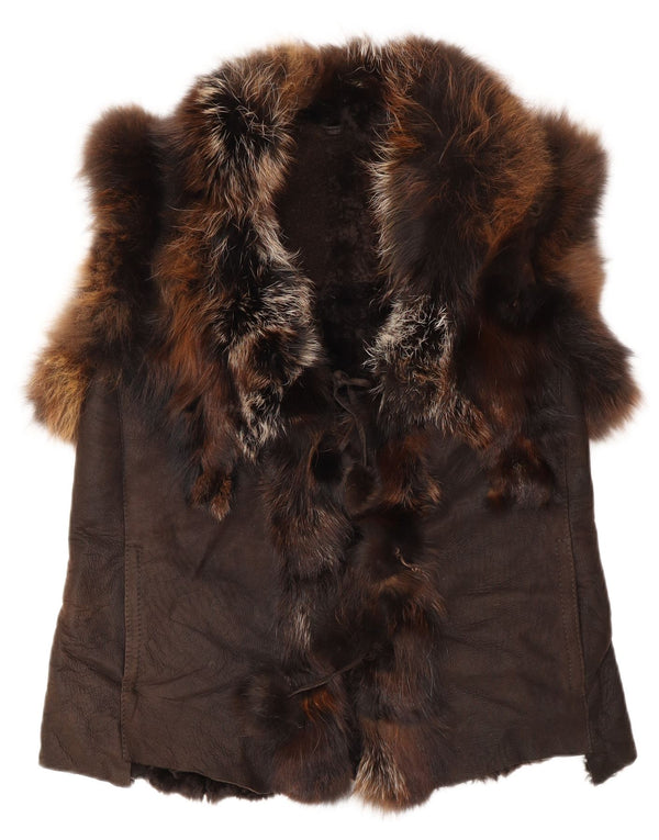 Vintage Womens Faux Fur Suede Gilet UK 16 Large Brown