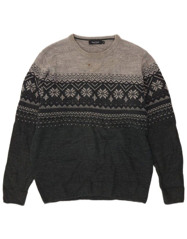 JAMES PRINGLE Mens Boat Neck Jumper Sweater Medium Grey Fair Isle Acrylic