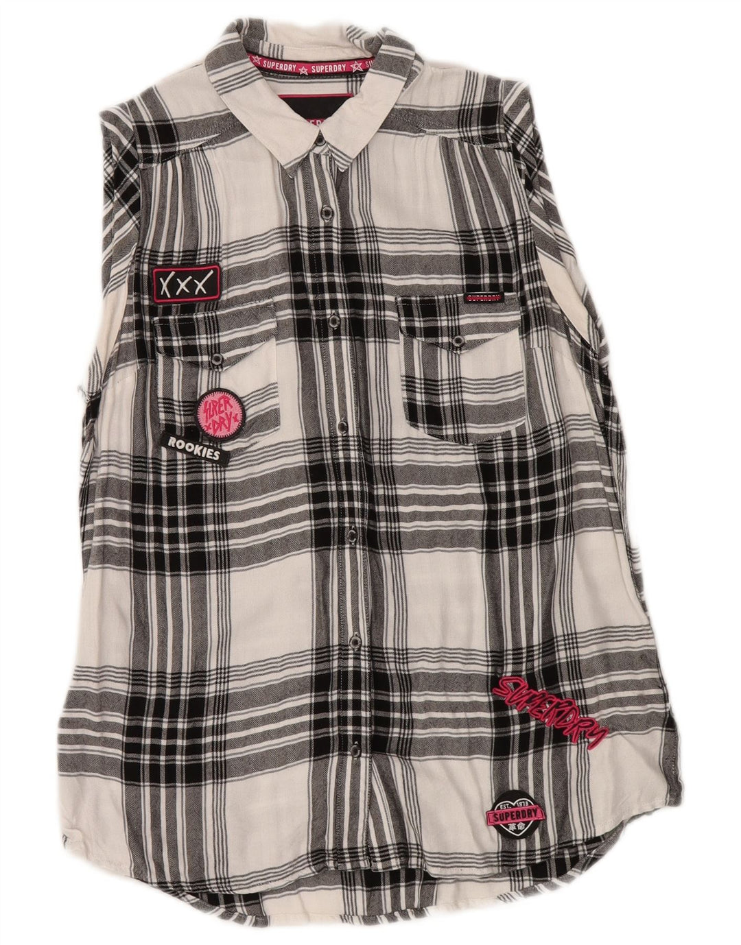 Superdry Womens Graphic Flannel Shirt UK 14 Medium Black Check Viscose