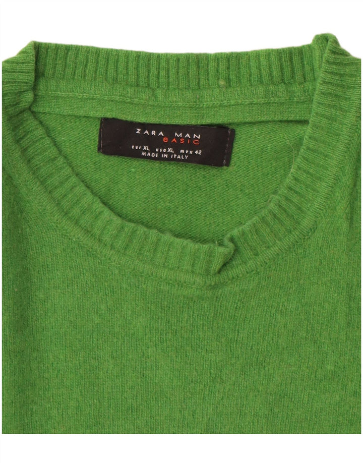 Zara Mens Crew Neck Jumper Sweater XL Green Wool