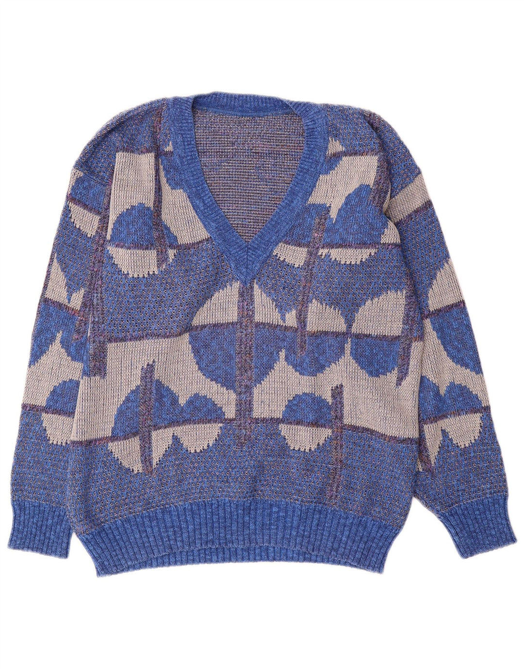 Vintage Mens V-Neck Jumper Sweater IT 50 Medium Blue Geometric Cotton