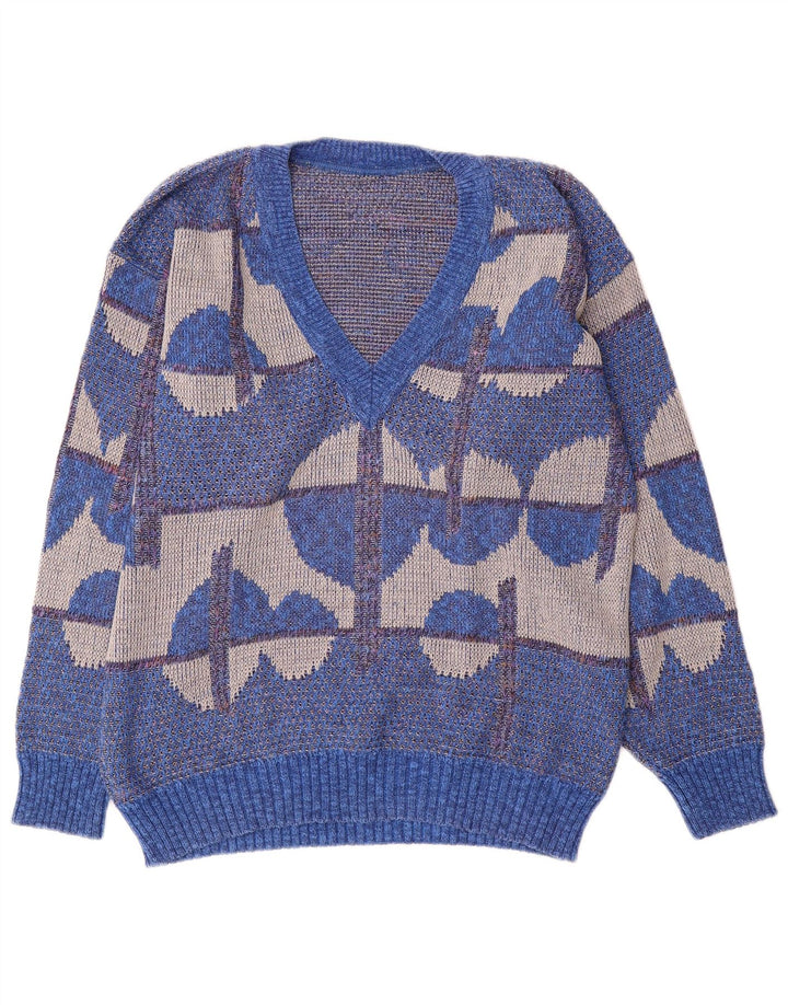 Vintage Mens V-Neck Jumper Sweater IT 50 Medium Blue Geometric Cotton