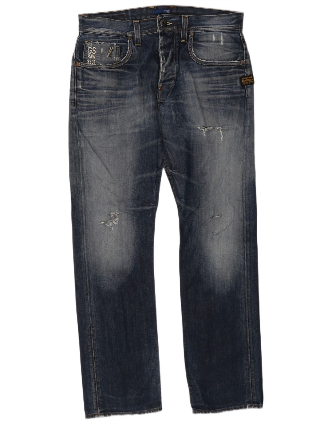G-Star Mens Distressed Straight Jeans W33 L32 Blue Cotton