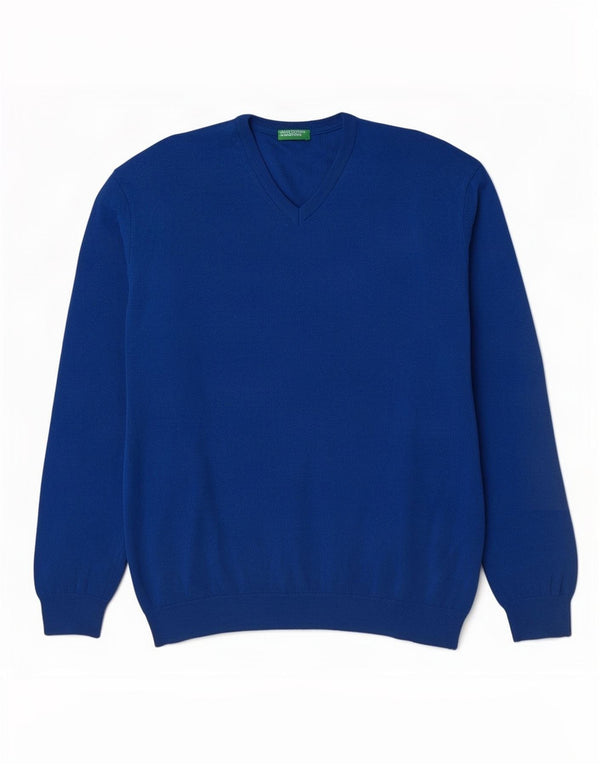 Benetton Mens V-Neck Jumper Sweater 2XL Blue Merino Wool