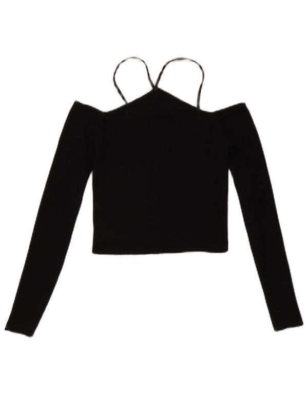Zara Womens Long Sleeve Off Shoulder Crop Top UK 12 Medium Black Viscose