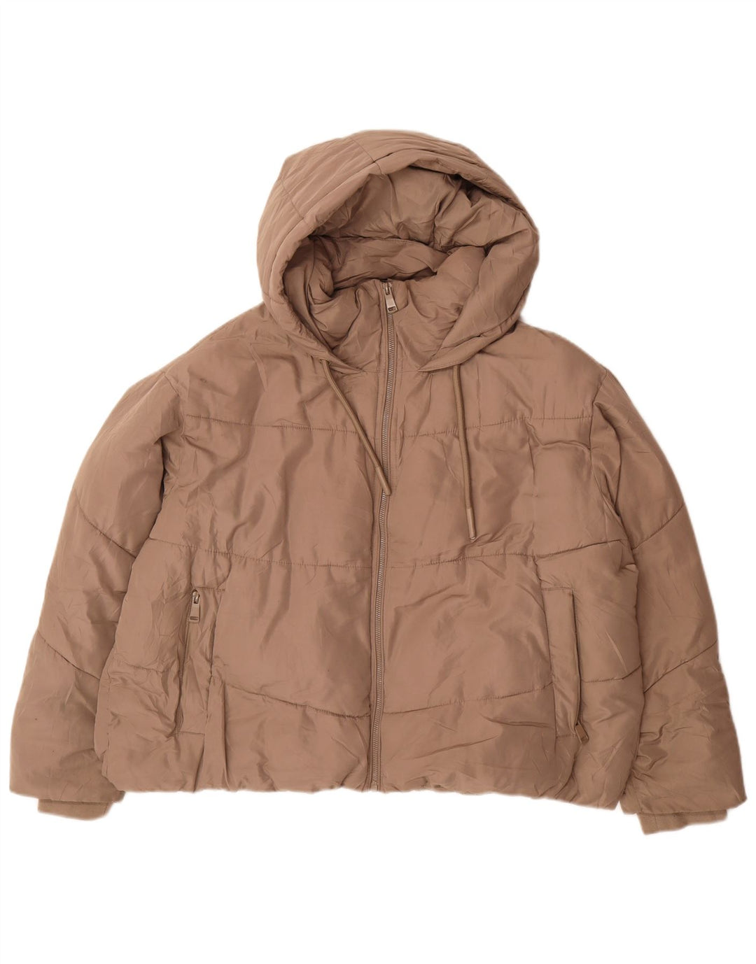 Zara Womens Oversized Crop Hooded Padded Jacket UK 20 2XL Beige Polyester