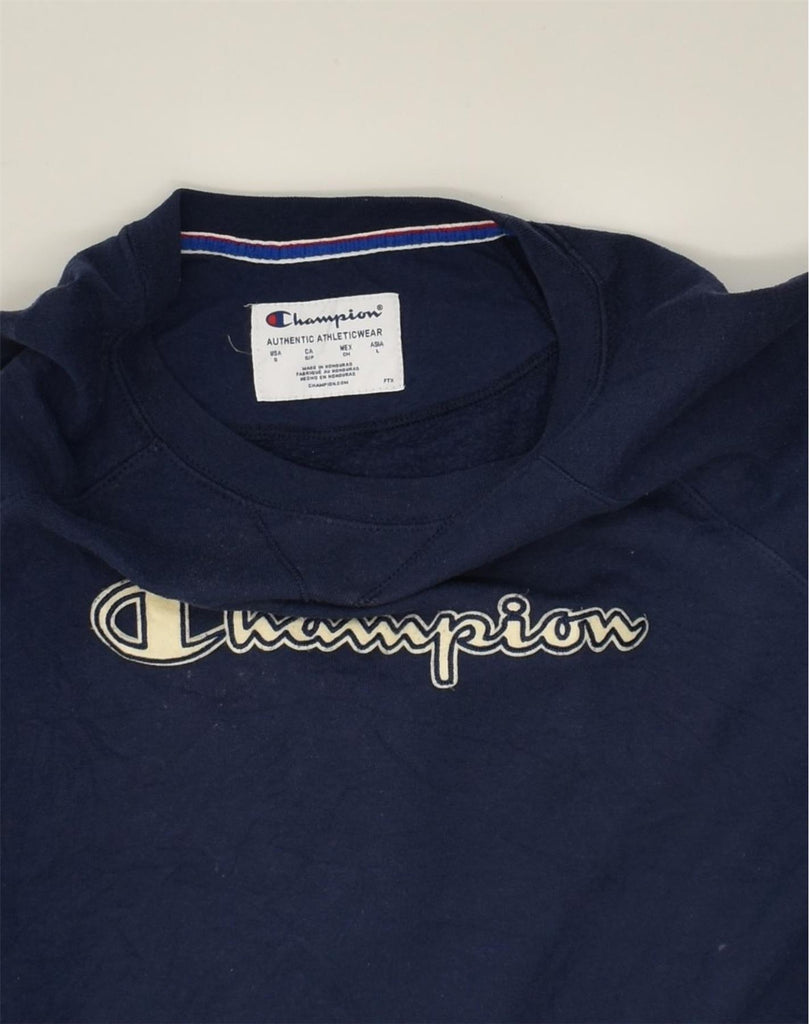 CHAMPION Womens Graphic Sweatshirt Jumper UK 8 Small Navy Blue Polyester | Vintage Champion | Thrift | Second-Hand Champion | Used Clothing | Messina Hembry 