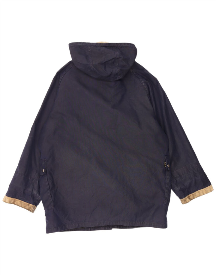 Vintage Mens Hooded Loose Fit Waxed Jacket UK 38 Medium Navy Blue Cotton