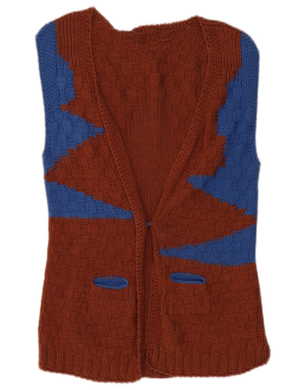 VINTAGE Womens Sleeveless Cardigan Sweater UK 8 Small Brown Colourblock