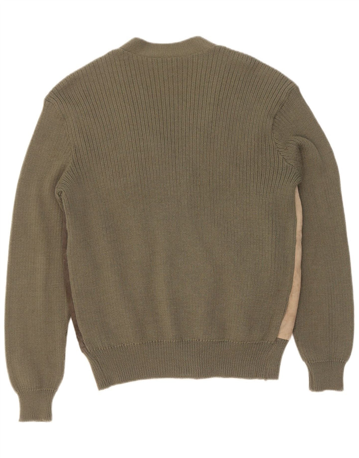Vintage Mens Suede Cardigan Sweater IT 50 Medium Khaki Colourblock Wool