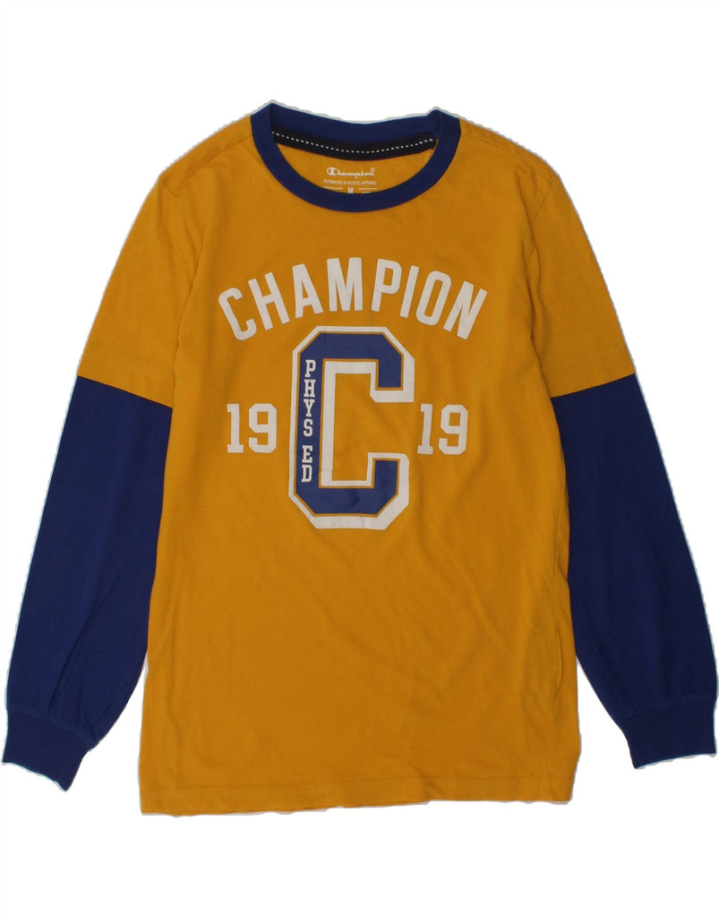 CHAMPION Boys Graphic Top Long Sleeve 9-10 Years Medium Yellow Colourblock | Vintage Champion | Thrift | Second-Hand Champion | Used Clothing | Messina Hembry 