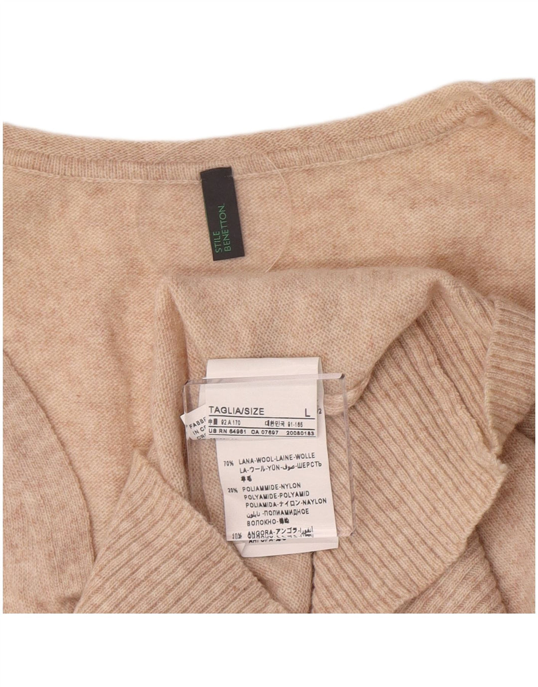 Benetton Womens V-Neck Jumper Sweater UK 14 Large Beige Wool
