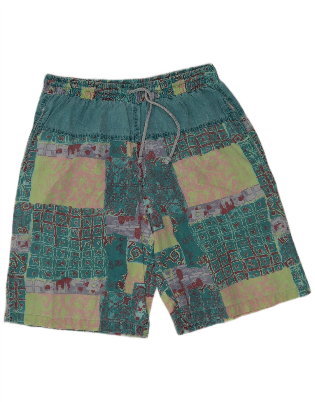 Vintage Mens Graphic Casual Shorts XL W32 Green Patchwork Cotton