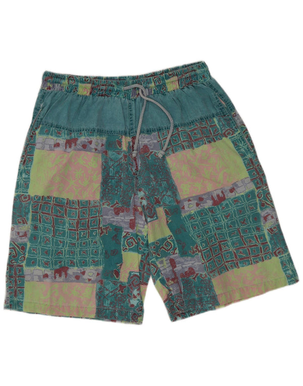 Vintage Mens Graphic Casual Shorts XL W32 Green Patchwork Cotton