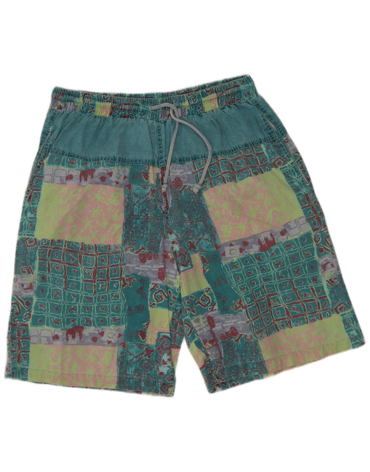 Vintage Mens Graphic Casual Shorts XL W32 Green Patchwork Cotton