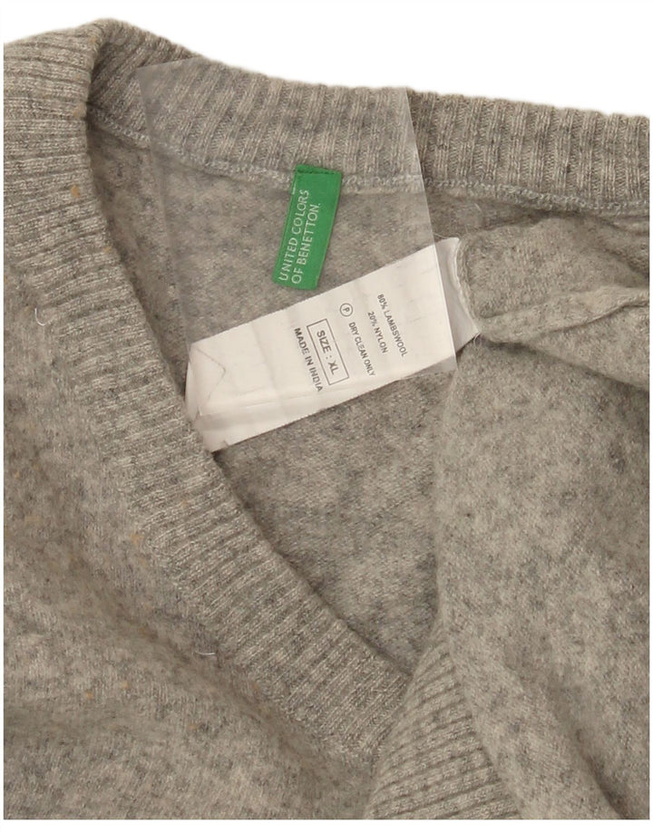 BENETTON Womens V-Neck Jumper Sweater UK 18 XL Grey Lambswool