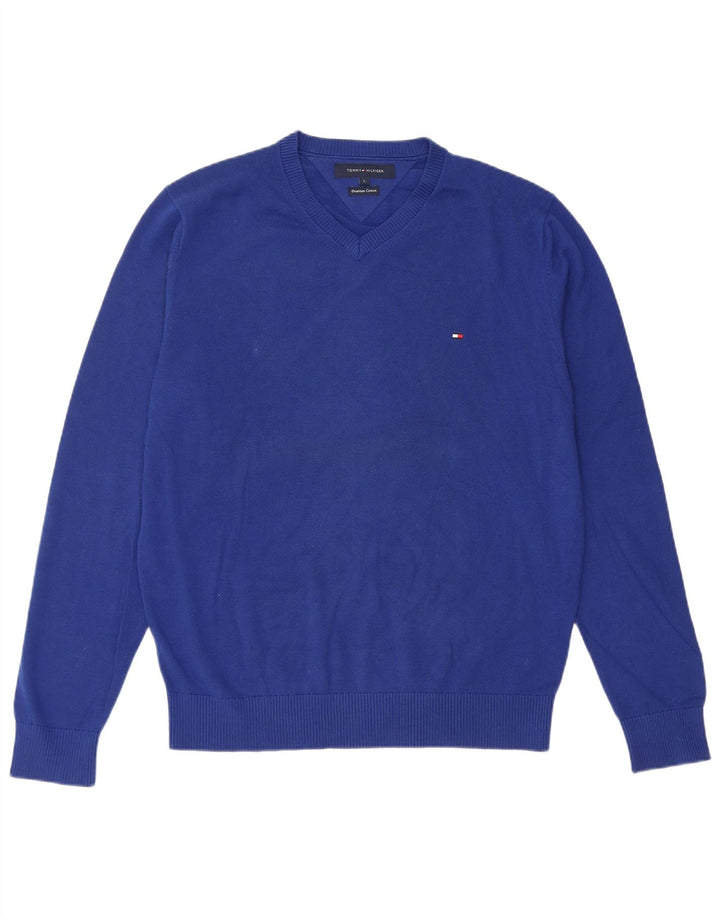 Tommy Hilfiger Mens V-Neck Jumper Sweater Large Blue Cotton