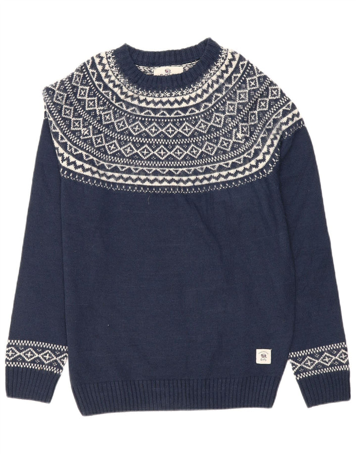 Bellfield Mens Crew Neck Jumper Sweater Medium Navy Blue Fair Isle Acrylic