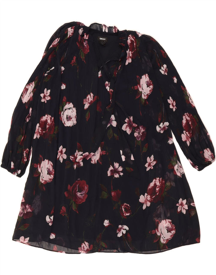 DKNY Womens Long Sleeve Basic Dress EU 42 Large Navy Blue Floral Polyester Vintage Dkny and Second-Hand Dkny from Messina Hembry 