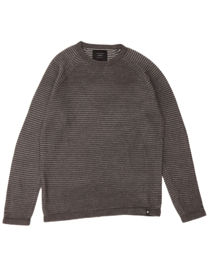 JACK & JONES Mens Crew Neck Jumper Sweater Large Grey Pinstripe