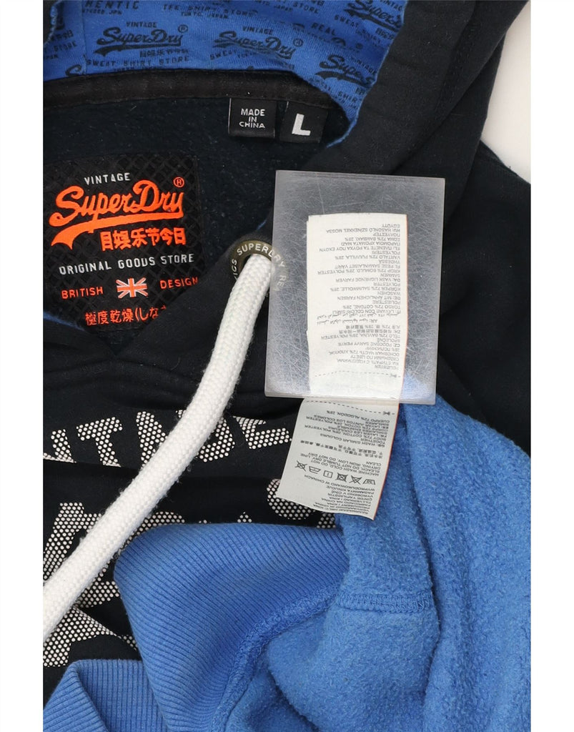SUPERDRY Mens Graphic Hoodie Jumper Large Blue Colourblock Cotton Vintage Superdry and Second-Hand Superdry from Messina Hembry 