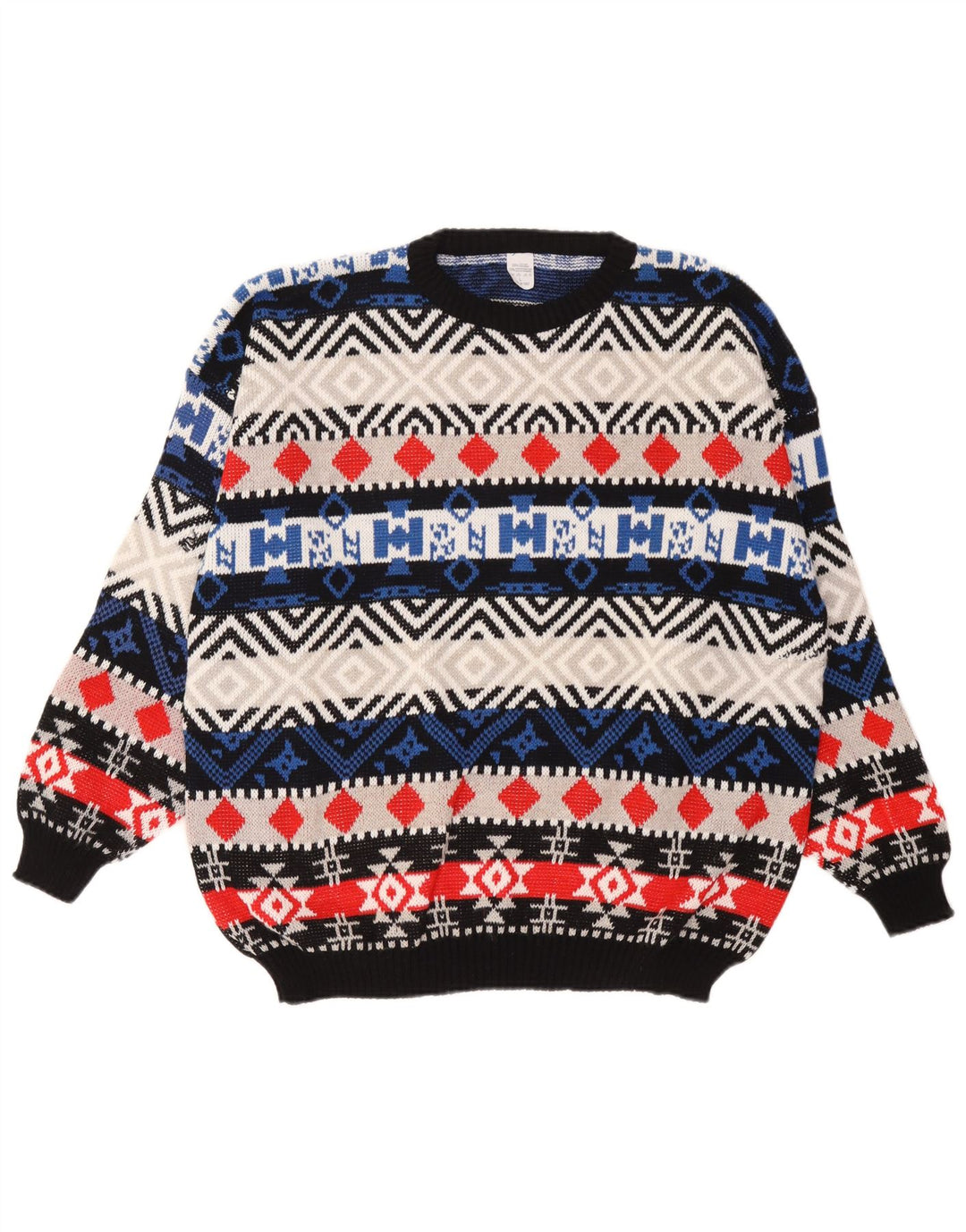 Vintage Mens Crew Neck Jumper Sweater Large Multicoloured Geometric Wool