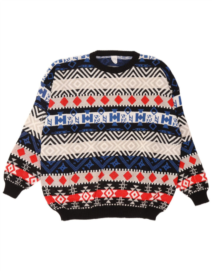 Vintage Mens Crew Neck Jumper Sweater Large Multicoloured Geometric Wool