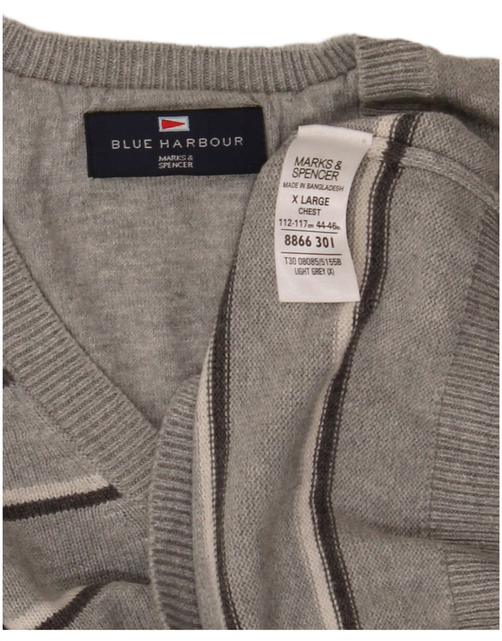 Marks & Spencer Mens Blue Harbour V-Neck Jumper Sweater XL Grey Striped