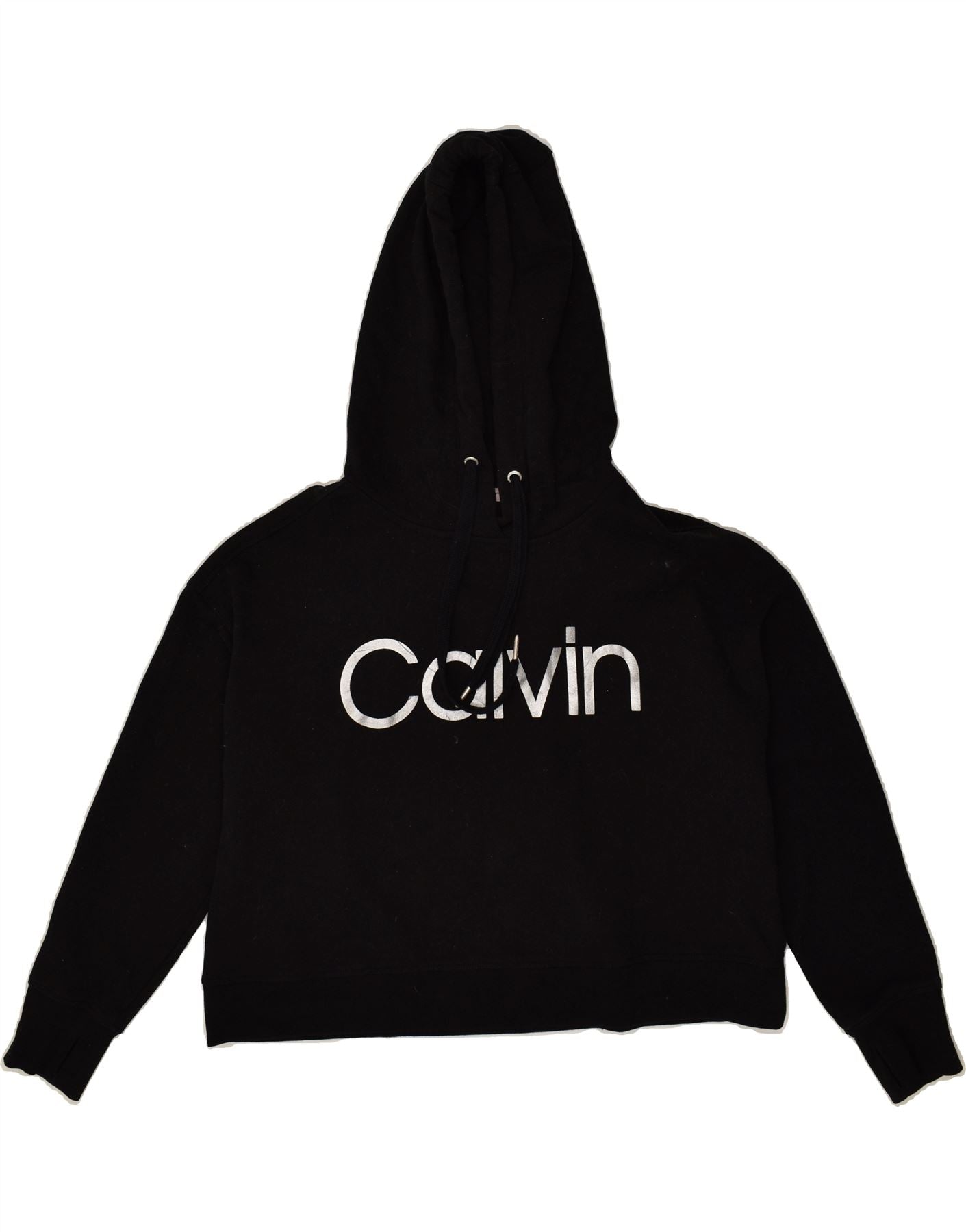 CALVIN KLEIN Womens Performance Graphic Hoodie Jumper UK 14 Medium Black Vintage Second Hand Clothing Online Messina Hembry