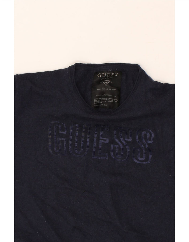 GUESS Boys Graphic Crew Neck Jumper Sweater 10-11 Years Navy Blue Wool | Vintage Guess | Thrift | Second-Hand Guess | Used Clothing | Messina Hembry 