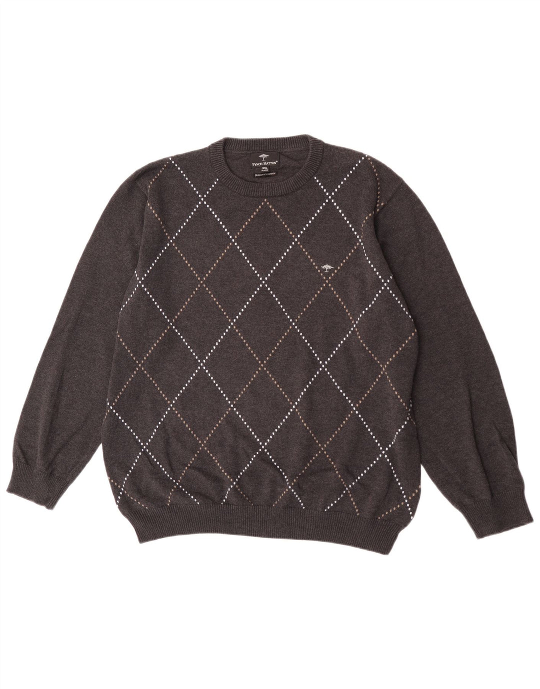 Fynch Hatton Mens Crew Neck Jumper Sweater 2XL Grey Argyle/Diamond Cotton