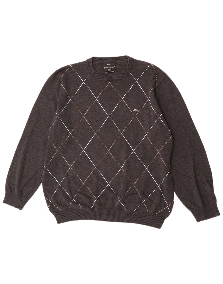 Fynch Hatton Mens Crew Neck Jumper Sweater 2XL Grey Argyle/Diamond Cotton