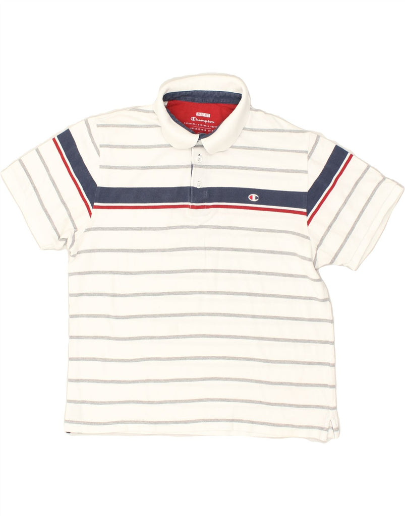 CHAMPION Mens Easy Fit Polo Shirt Large White Striped | Vintage Champion | Thrift | Second-Hand Champion | Used Clothing | Messina Hembry 