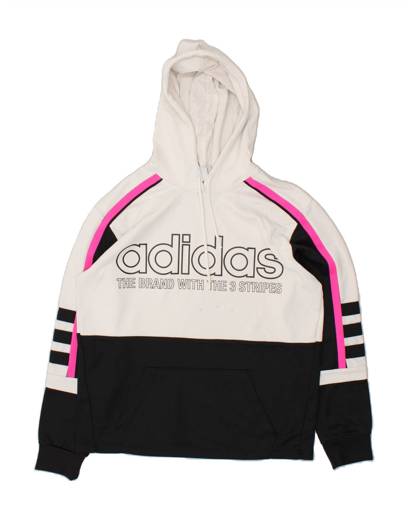 ADIDAS Womens Graphic Hoodie Jumper UK 8 Small White Colourblock Cotton | Vintage Adidas | Thrift | Second-Hand Adidas | Used Clothing | Messina Hembry 