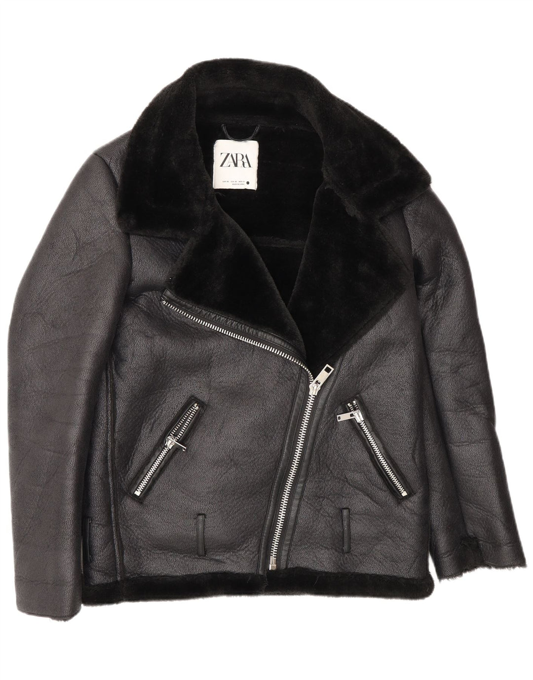 Zara Womens Oversized Loose Fit Biker Sherpa Jacket UK 6 XS Black Polyester