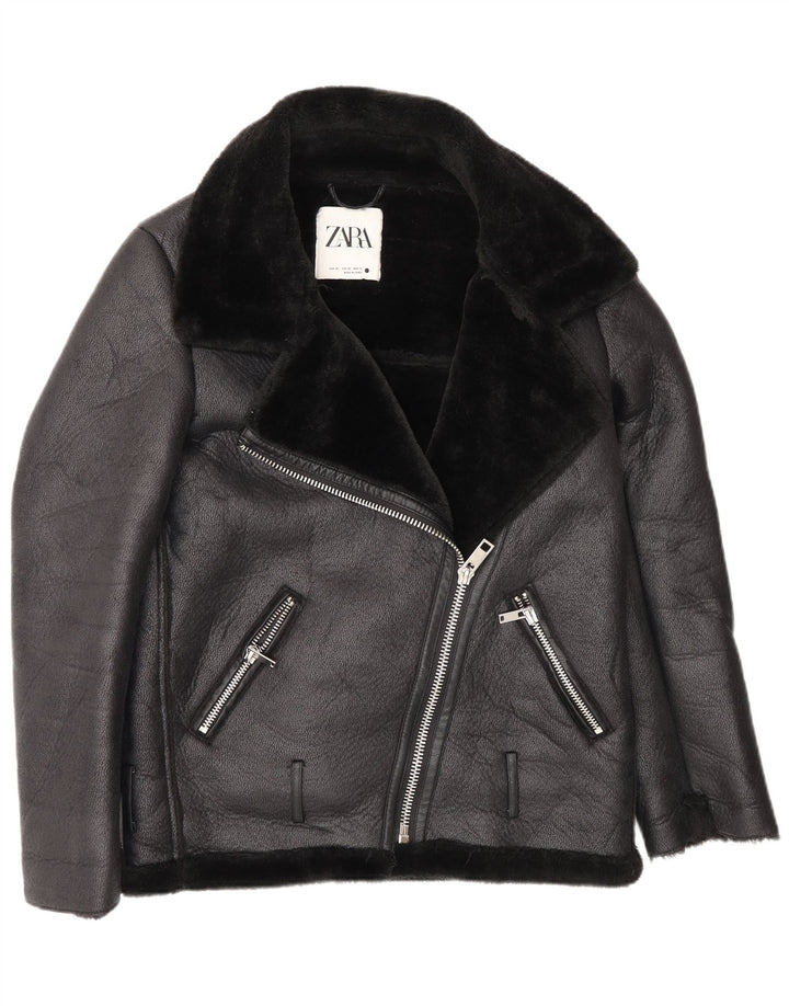 Zara Womens Oversized Loose Fit Biker Sherpa Jacket UK 6 XS Black Polyester
