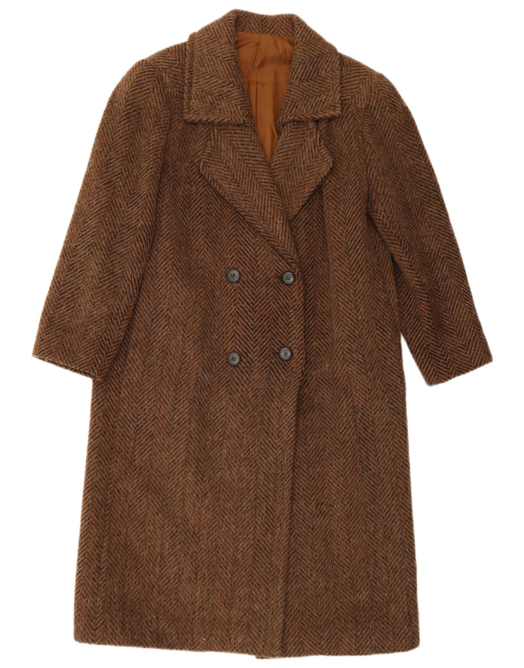 Vintage Womens Double Breasted Coat UK 14 Large Brown Herringbone Wool