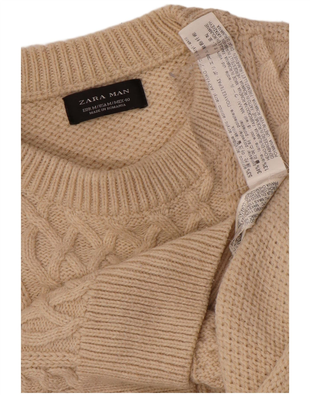ZARA Mens Crew Neck Jumper Sweater Medium Beige Acrylic