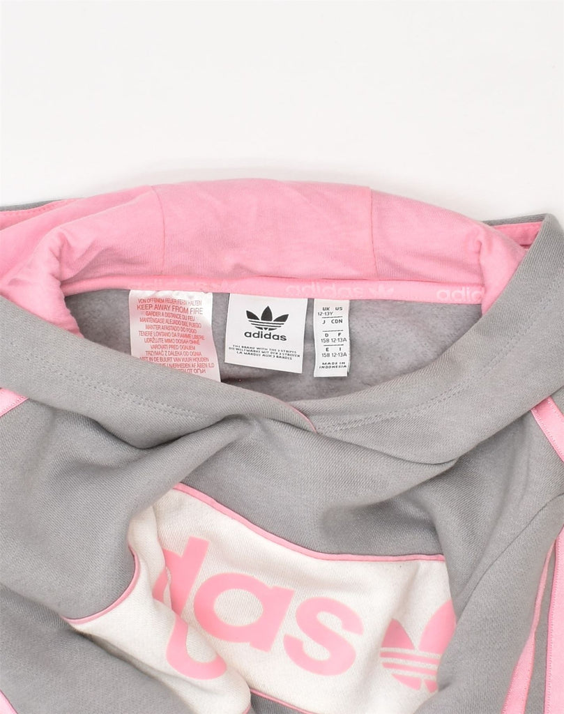 ADIDAS Girls Graphic Hoodie Jumper 12-13 Years Grey Colourblock Polyester | Vintage | Thrift | Second-Hand | Used Clothing | Messina Hembry 