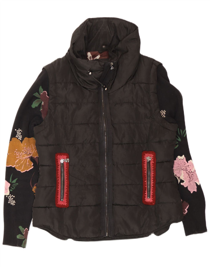 Desigual Womens Padded Jacket EU 40 Medium Black Floral Cotton