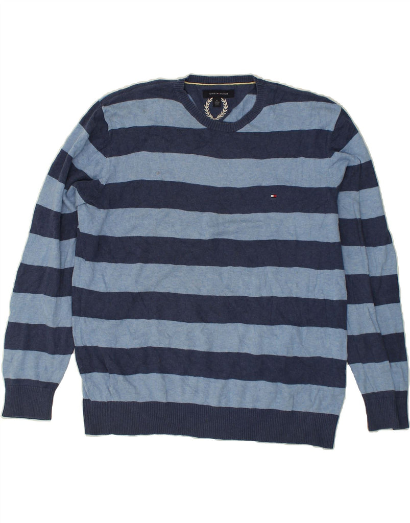 TOMMY HILFIGER Mens Crew Neck Jumper Sweater XL Navy Blue Striped Cotton | Vintage Tommy Hilfiger | Thrift | Second-Hand Tommy Hilfiger | Used Clothing | Messina Hembry 